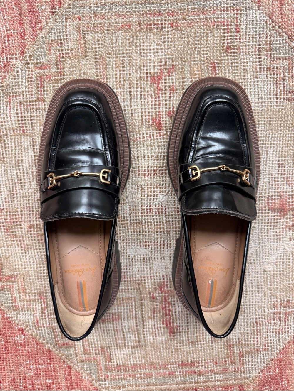 Sam Edelman chunky Black Leather Loafers with Gold Bit Accent